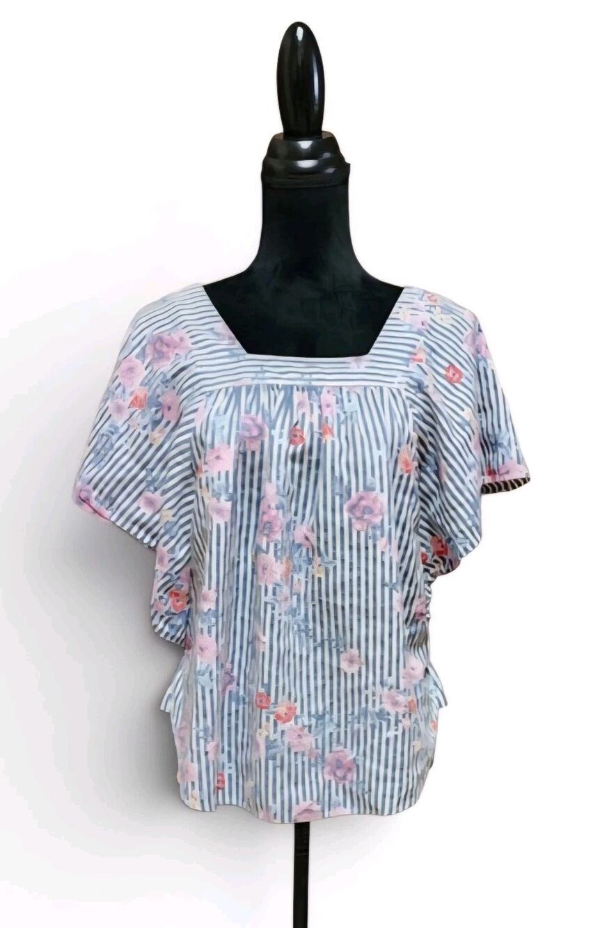 Time and Tru Small White & Blue Striped Cotton Top W/ Pink Floral Striped Blouse
